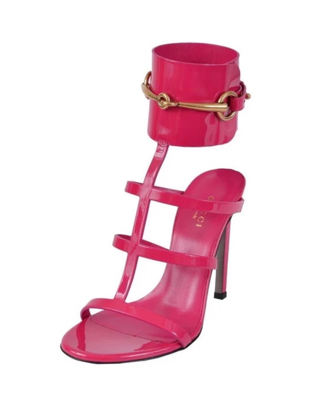 Gucci Ursala Hot Pink Patent Leather Stiletto Sandal with Gold-Tone Ankle Cuff